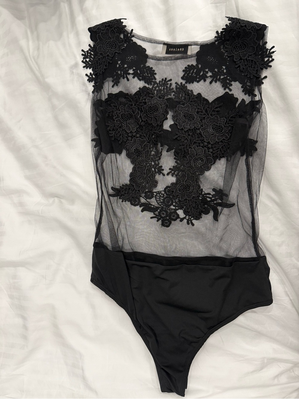 Sheer Black Lace Appliqué Bodysuit size M